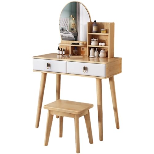 Escritorio de madera con 2 cajones y taburete, mesa de maquillaje pequeña para dormitorio, escritorio de maquillaje con cajones de almacenamiento y estantes abiertos para una decoración elegante