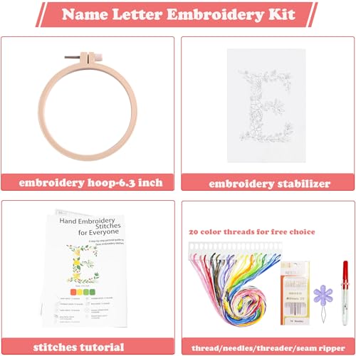 Image of Topapfo Alphabet Letter E Stick and Stitch Embroidery Stabilizers Name Embroidery Kit for Beginners Adults Floral Embroidery Pattern Stencils Templates Needlepoint Crafts