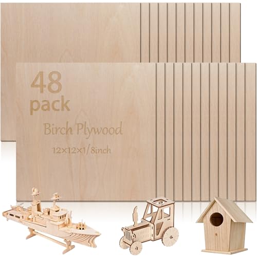 48 Pcs Baltic Birch Plywood,12 x 12 x 1/8 Inch - 3mm Thick Birch Unfinished Wood for Crafts Laser Cutting & Engraving, School DIY Projects, Painting, Fretwork, CNC Cutting, and Wood Burning