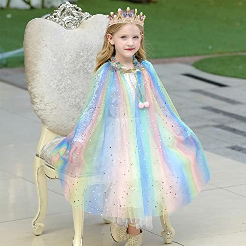 PHOGARY Princess Cape Colorful Princess Cloak, Princess Fancy Dress Halloween Costume Sparkling Sequins Tulle Carnival Birthday Party Cosplay Princess Dress Up with Princess Crown for Girls