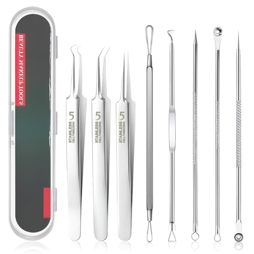 SUNNIFLY Kit Pulizia Viso, 8 Attrezzi per Togli Punti Neri e Schiaccia Brufoli, Set Professionale Attrezzo Punti Neri Rimozione, Include Ago per Acne, Pinza Cellulare, Pinzette, ecc