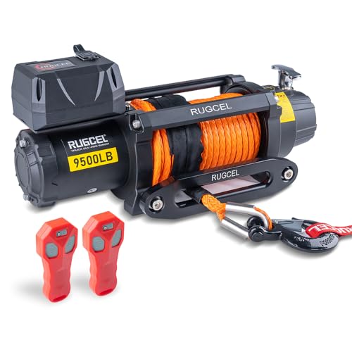 Image of RUGCEL WINCH 9500lb Waterproof Electric Synthetic Rope Powerful Fast Winch with Hawse Fairlead, Wired Handle and Wireless Remote