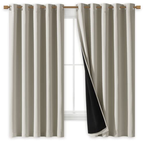 Image of NICETOWN Natural 100% Blackout Lined Curtains, 2 Thick Layers Completely Blackout Window Treatment Thermal Insulated Drapes for Kitchen /Bedroom (1 Pair, 70 inches Width x 63 inches Length Each Panel)