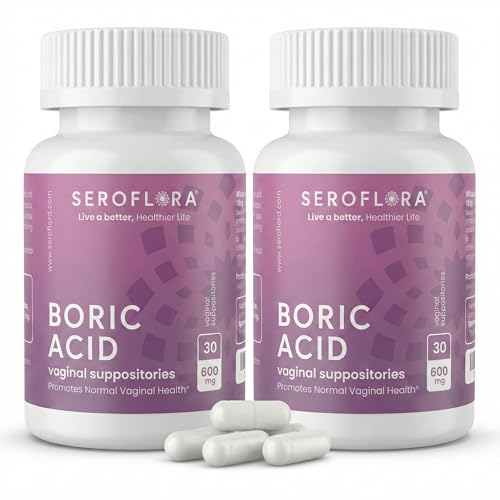Image of Seroflora Boric Acid Vaginal Suppositories 600mg - 60 Count (30ct, 2 Bottles) Odor Control, Feminine pH Balance & Daily Freshness - Clean Holistic Hygiene for Women - Made in USA