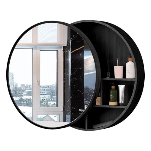 Armario de baño con Espejo de 60/70 cm, Deslizante, Redondo, de Madera Maciza, para Pared, con Gran Capacidad de Almacenamiento (Negro, 70 cm/27,5 Pulgadas)
