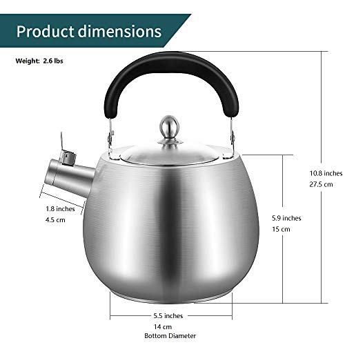 Heavy Duty Tea Kettle Stovetop Whistling Teakettle Teapot,Seamless Bottom, Stainless Steel 304, Brushed Finish (4L) #TOP6
