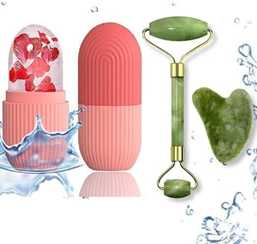 Jade & Gua Sha Stone Set - Face Massager, Ice Roller & Gua Sha Stone Tool