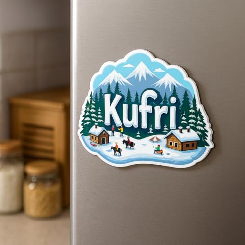 Image of Naxon Kufri Hill Station Theme Souvenir Wooden Fridge Magnet | Snow Mountains & Nature Design 3x3 Inch Refrigerator Magnet for Kitchen & Home Decor | Travel Gift from Kufri | Pack of 1