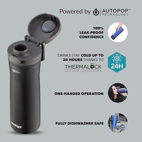 Contigo Jackson Chill Bouteille d'eau isotherme en acier inoxydable sans BPA, 590 ml, couvercle sécurisé pour les voyages anti-fuite, garde les boissons froides pendant 12 heures, réglisse