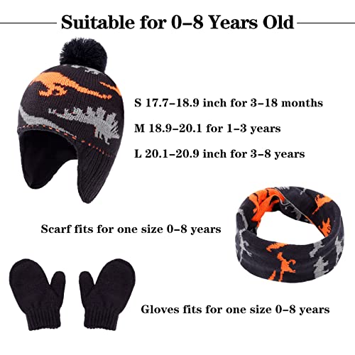 Image of ACTLATI Winter Dinosaur Boy Winter Hat Scarf Mittens Set Warm Beanies Earflap Fleece Pompom Lining Cap for Toddler Kids