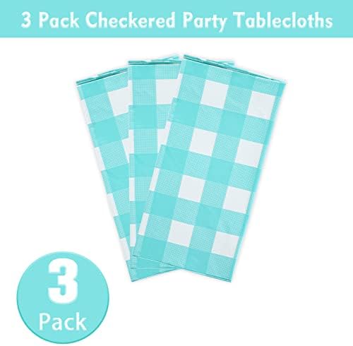 Kesfey 3 Packs Aqua and White Gingham Table Cloths 54 x 108 Inches Disposable Plastic Checkered Tablecovers Waterproof Rectangle Picnic Party Table Covers for Birthday Party Supplies Christmas — view 4