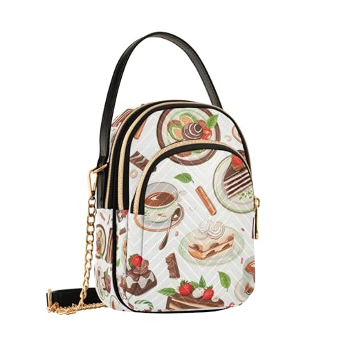 Coffee Tea Pots Tea Cups Green Tea Leaves Crossbody Bag for Women, Detachable Chain Bag Phone Purse Shoulder Handbag Wallet