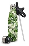 NERTHUS Termo Doble Pared para Frios y Calientes Diseño Palmeras de Acero Inoxidable con Tapon Pajita, 0.5 L