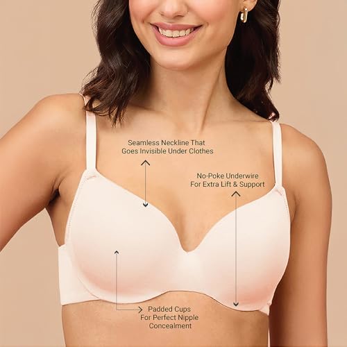 Image of NYKD NYB218 Modal Fabric Lightly Padded Wired T-Shirt Bra for Women Seamless Neckline Non Slip Shoulder Straps