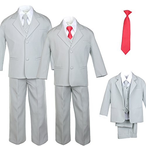 6pc Boy Gray Vest Formal Tuxedo Suits with Satin Red Necktie Baby to Teen (SIZE: 16)