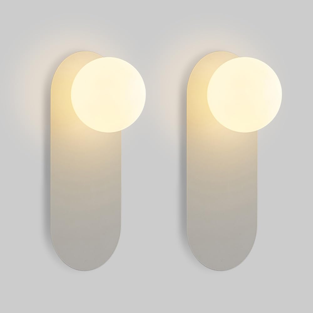 KBUUKYYXouy Set of 2 Modern Corridor Wall Sconce, Mid Century Bathroom Vanity Light with White Globe Glass Shade - Industrial Minimalist Art Design Lamp Background Mount Lighting Fixture (Whtie)