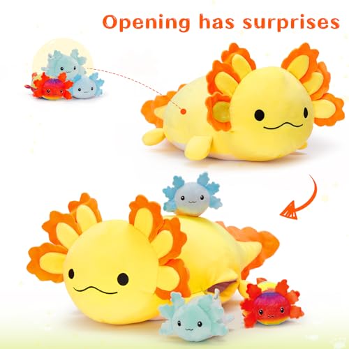 Image of MaoGoLan 4Pcs Giant Axolotl Plush with 3 Babies Inside-23.5 inch Large Ultra Soft Axolotl Stuffed Animals Throw Pillow-Squishy Stuffed Axolotl Plush Collection Gift for Axolotl Lover,Kids,Teens,Yellow