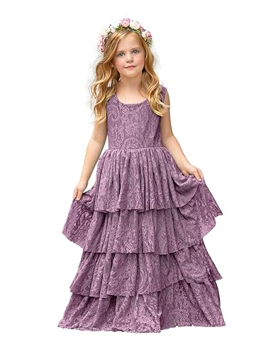 Flower Girl Dress Lace Boho Girls Dresses Ruffle Tiered Flowy Maxi Toddler Dress for Wedding Holiday Party 6M-14Y