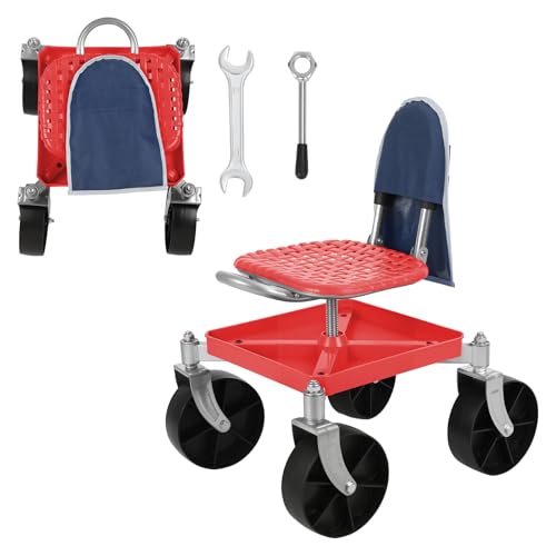 UDIYO 2025 New 360° Swivel Garden Cart Seat - Height Adjustable Rolling Stool with Tool Tray & All-Terrains Wheels, 330Lbs Heavy Duty Gardening Stool for Seniors, Elderly, Knee Pain Relief (Red)