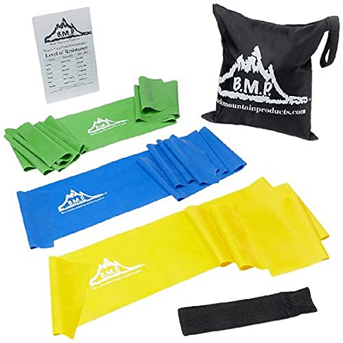 Black Mountain Products Therapy Exercise Bands with Resistance Band Carrying Case, Door Anchor and Starter Guide, Yellow, Blue, Green