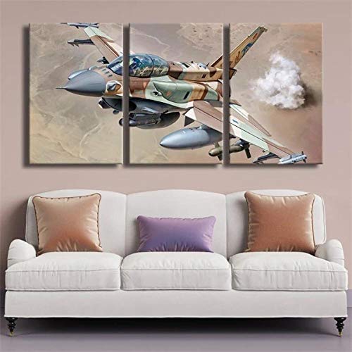 DDSDA Avion Militaire F-16 Fighting Falcon israélien Decoration Murale 3 Parties Peinture Art Mural HD Imprimé Modulaire Toile Décoration de La Maison Photos pour Salon, avec Cadre,
