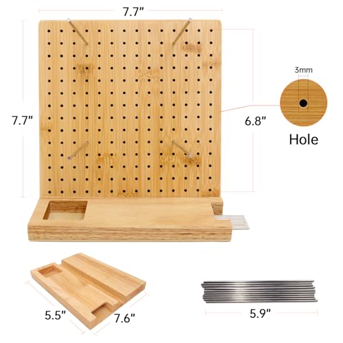 7.7Inch Bamboo Crochet Blocking Board Handcrafted Knitting Blocking Mat for Knitting Crochet and Granny Squares, with 15 Stainless Steel Rod Pins, Gifts for Mothers, Grandmothers, (Bamboo, 7.7)