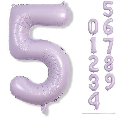 Image of Pastel Purple 5 Balloons, 40 Inch Giant Dusty Light Purple Mylar Foil Number 0-9 Helium Balloon for Girls, Self Inflating Lilac 5th Birthday Balloon for Women Anniversary Party Decorations Supplies