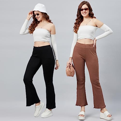 Image of BLINKIN Women's Stretch Fit Mid Rise Ribbed Stretchable Flared Pants | Boot Cut Bell Bottom Pants - Ideal for Yoga & Gym Wear,Casual Wear & Office Wear Trousers
