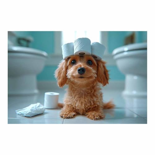 Toile murale chiot avec papier toilette pour deco chambre et bureau bleu clair 70x100