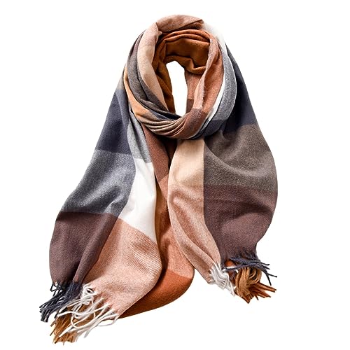 spirgear Schal Damen Winter Kariert Winterschal Weicher Warmer Damenschal Mit Quasten 190 x 68 cm, Dunkel Kamelfarben