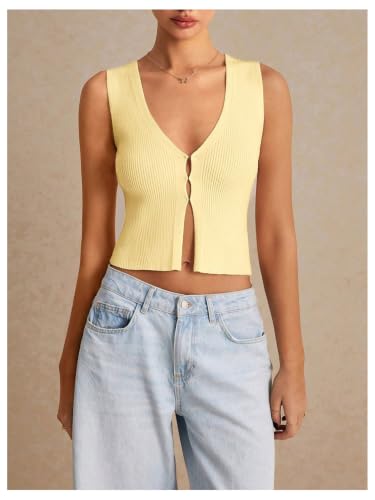 Image of GORGLITTER Women's Knit Top V Neck Sleeveless Button Up Sweater Vest Fall | Cute Summer Tops, Lightweight, Button Down, Business Casual, Work Office Shirts, Fashion Clothing