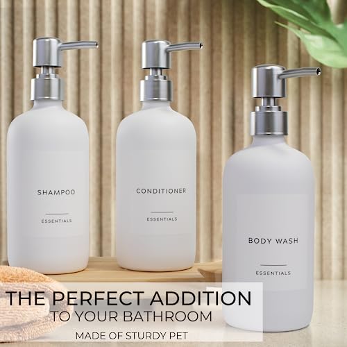 Image of Stylish Shampoo and Conditioner Dispenser Set of 3 - Modern 21oz Shower Soap Bottles with Pump and Labels - Easy to Refill Body Wash Dispensers for an Instant Bathroom Decor Upgrade - White