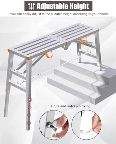 Folding Adjustable Scaffolding Ladder Work Platform - Maintenance Workbench Stool for Home Improvement & Industrial Use, Height Adjustable Scaffolding Equipment