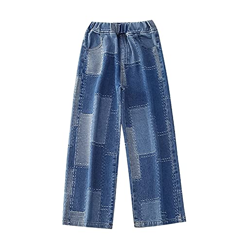 Rolanko Girls Baggy Jeans Elastic Wide Leg Stretch Denim Pants Loose Kids Clothes (Blue Patchw, 10-12) #TOP1