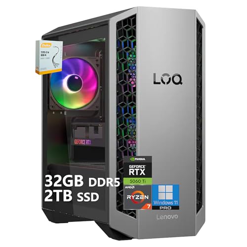 Lenovo LOQ Tower Gaming Desktop | AMD 8-Core Ryzen 7 8745HX | 32GB DDR5 2TB SSD | NVIDIA GeForce RTX 5060 Ti DLSS 4 (Up to 759 AI Tops) | Type-C Wi-Fi 6 Win11 Pro w/DLCA Accessory