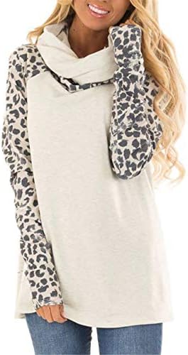 Blivener Women's Casual Sweatshirts Long Sleeve Leopard Print Tops Cowl Neck Raglan Shirts White S