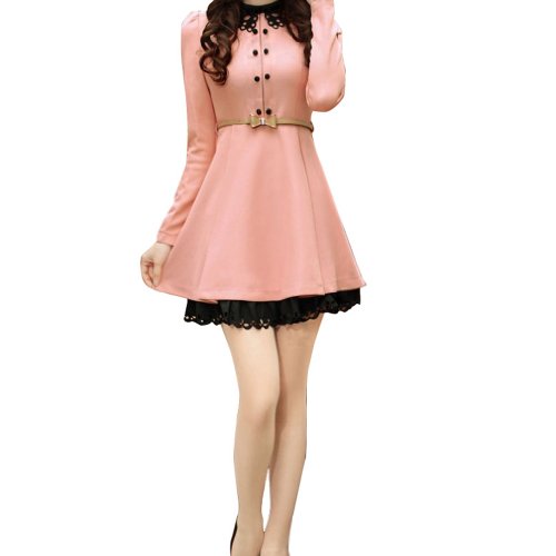 Vobaga Women's Korean Fashion Breasted Slim Lace Dress Coat With Belt pink L