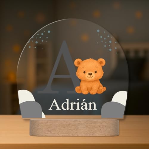 Lámpara Infantil Personalizada con Nombre e Inicial - Lámpara Quitamiedos con Luz LED - Regalo Original para Bebé, Bautizo, Cumpleaños (Oso)