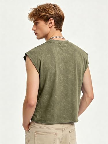 PLEPAN Men's Cropped Streetwear Fashion Cotton Tank Tops Cut Off Muscle Shirts Workout Gym Tee Olive XX-Large — view 4