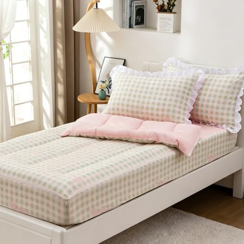 Aimuan Zipper Bedding Twin Zip Up Bedding Set Pink Checked Plaid 3 Pcs Zippered Bedding Twin Comforter Bed in a Bag with Fitted Sheet and 2 Pcs Pillowcases (Pink-Green Twin)
