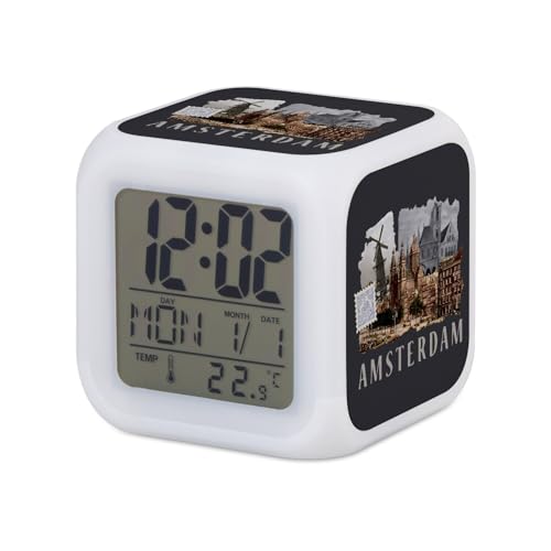 Image of Fabulous Amsterdam Light Up Cube Alarm Clock - Collage Travel Postcard - 8 x 8 x 8 cm - Retro Multi-Coloured LED Lighting