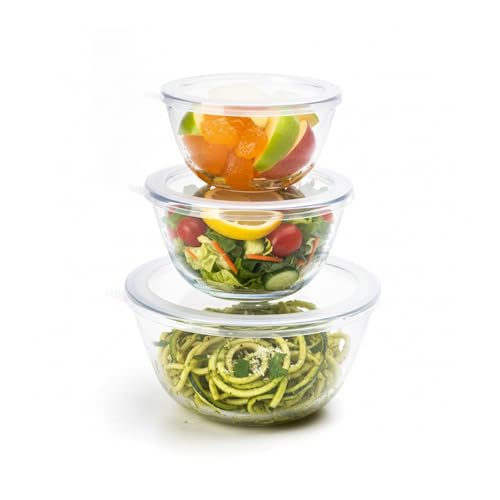 AGARO Borosilicate Glass Mixing Bowl with Lid, 3 Pcs Set (500ml, 800ml &1600ml), Serving Bowl,...