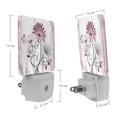 Image of Farmhouse Pink Daisy Butterfly on Country Wooden Night Light [2 Pack], Plug in Wall Led Night Lights Decor for Boys Girls Room, Dusk to Dawn Sensor Wall Lamp for Stairway /Bedroom /Kitchen /Nursery Room
