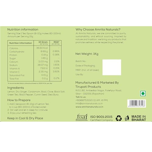 Image of Amrita Naturals Lemon Herbal Tea | 100% Natural Detox Blend with Ginger, Basil, Clove & Cardamom | Supports Immunity, Digestion & Relaxation | Can Be Brewed in Hot or Cold Water | 1 kg Pack