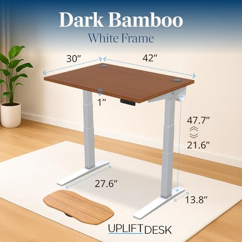 Image of UPLIFT DESK Dark Bamboo (42 x 30 inch) Standing Desk 2-Leg V3 Adjustable Stand Up C-Frame (White), Advanced Keypad, Wire Grommets, Wire Tray, Rocker Board