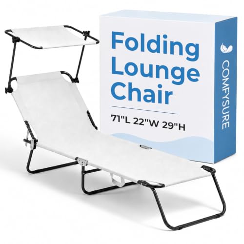 Folding Outdoor Lounge Chair with Canopy - Portable & Adjustable Beach Lounge Chair - 5-Positions, Carry Handles, 600D Fabric, 220 lbs Capacity – Tanning Chaise Lounge for Beach, Patio, Lawn