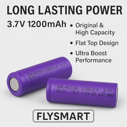Image of Flysmart High Capacity Hongli Lithium Ion 1200mAH Rechargeable Original Power Ultra Boost High Capacity Cell Batteries, LED, Bluetooth Speaker, Laptops, Power Bank & Torch, Flat Top, 3.7V (Pack of 2)