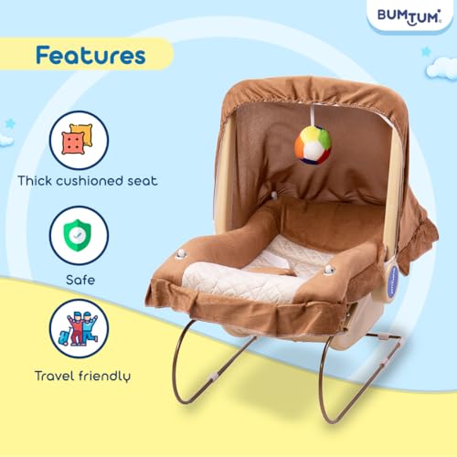 Image of BUMTUM Baby Carry Cot & Rocking Chair with Adjustable Handle| 3-Point Safety Lap Belt | Double Cushioned Washable Seats & Large Canopy for Babies (Brown)