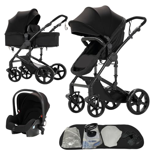 Nine point nine Carrito Bebe 3 en 1, Carricoche Bebe 3 Piezas con Capazo Grande Cómodo, Carro Bebe 3 Piezas Empuje Bidireccional Reversible, Cochecito Bebe Marco de Aleación Aluminio (588 Black)