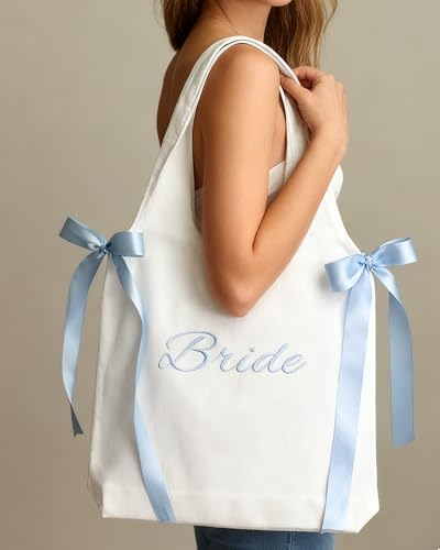 Bolso Tote blanco de lona con lazos azul satín miniatura 2